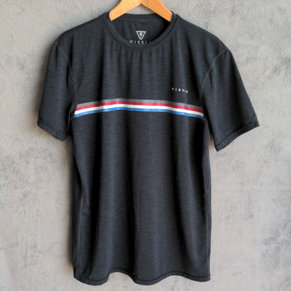 Vissla Crew Neck T Shirt Men's M Gray with Stripe UVA UVB Protection